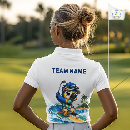 Tropical beach bird womens golf polo shirt, personalized surfing parrot print, side view.