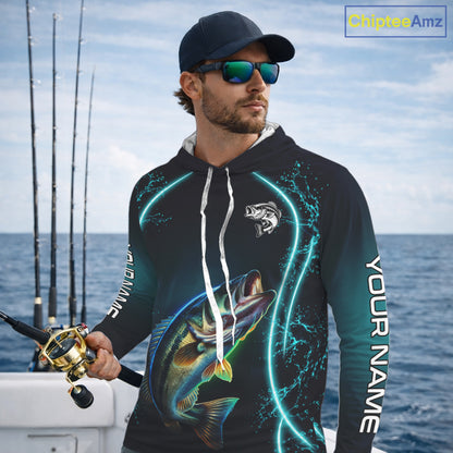 Personalized Neon Bass Fishing Shirt, Largemouth Bass Long Sleeve Hooded Performance Apparel 