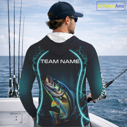 Personalized Neon Bass Fishing Shirt, Largemouth Bass Long Sleeve Hooded Performance Apparel 