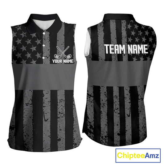 Black White American Flag Sleeveless Womens Golf Polo Shirts Custom Name, Team Name For Women Golf Gift NHT886
