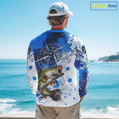 Blue Camo Custom Largemouth Bass Compass Long Sleeve Tournament Fishing Shirts NHT527