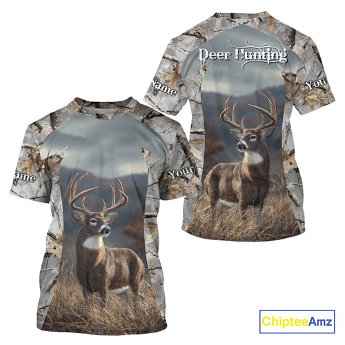 Custom 3D Deer Hunting Shirt With Whitetail Deer Winter Camo For Deer Hunting Season NHT222