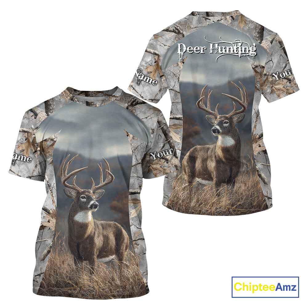 Custom 3D Deer Hunting Shirt With Whitetail Deer Winter Camo For Deer Hunting Season NHT222