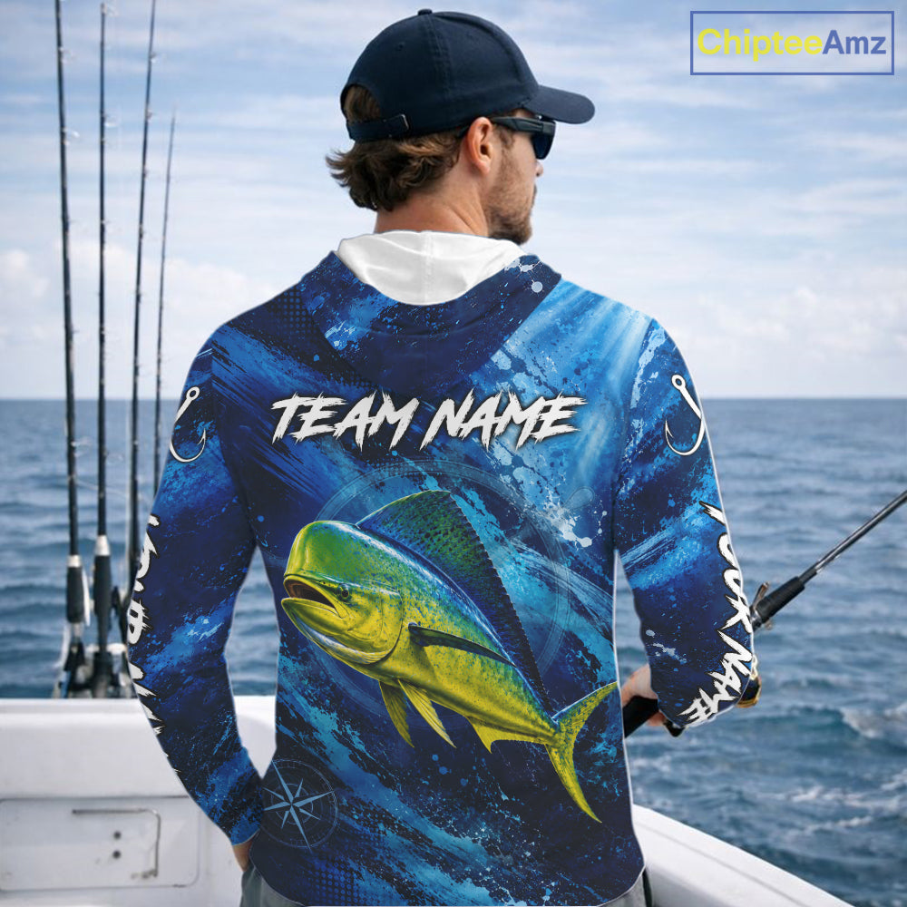 Custom Mahi Mahi Fishing Jersey, Personalized Long Sleeve Hooded Performance Fishing Shirt NHT1221