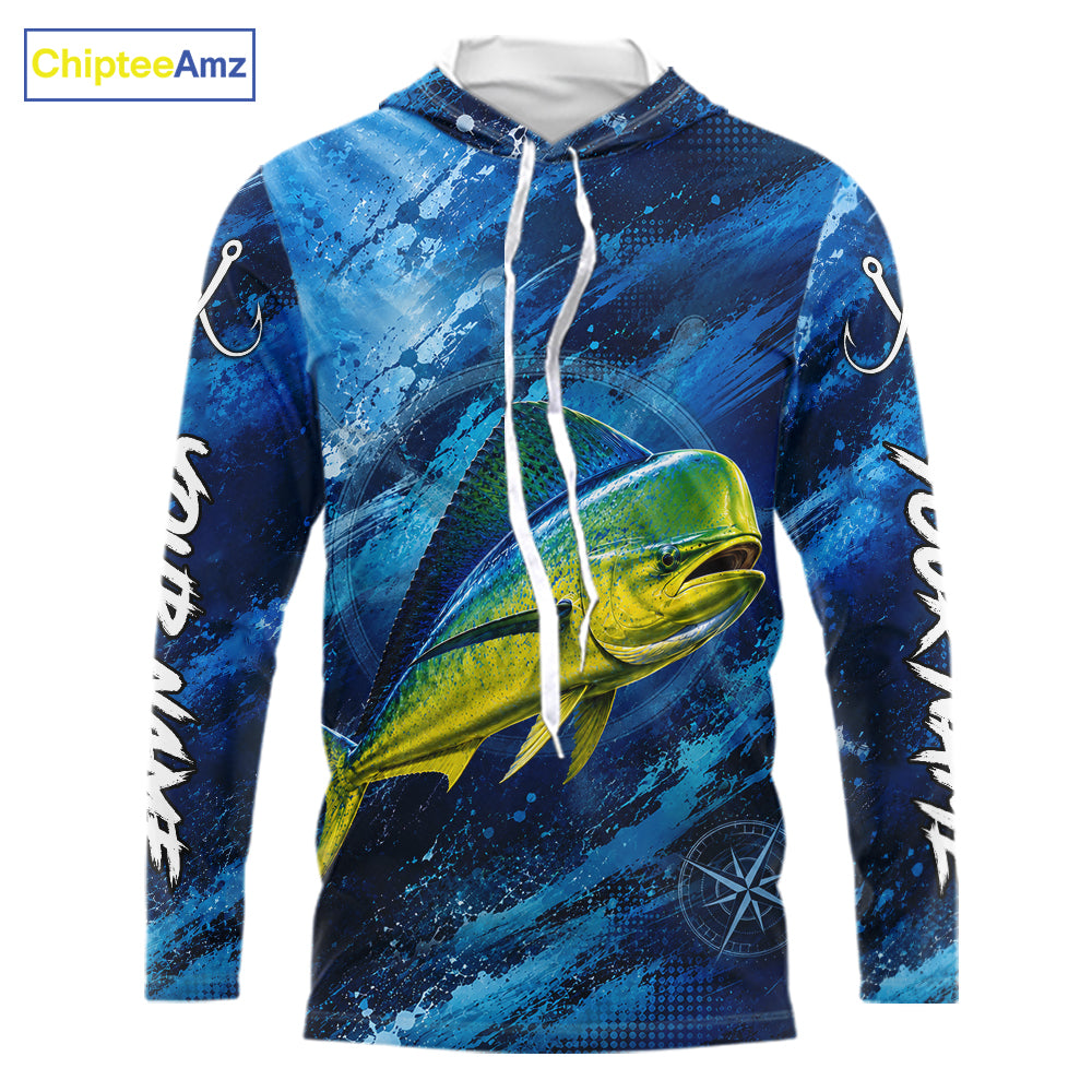 Custom Mahi Mahi Fishing Jersey long sleeve hooded shirt with vibrant mahi mahi graphic and performance fit.