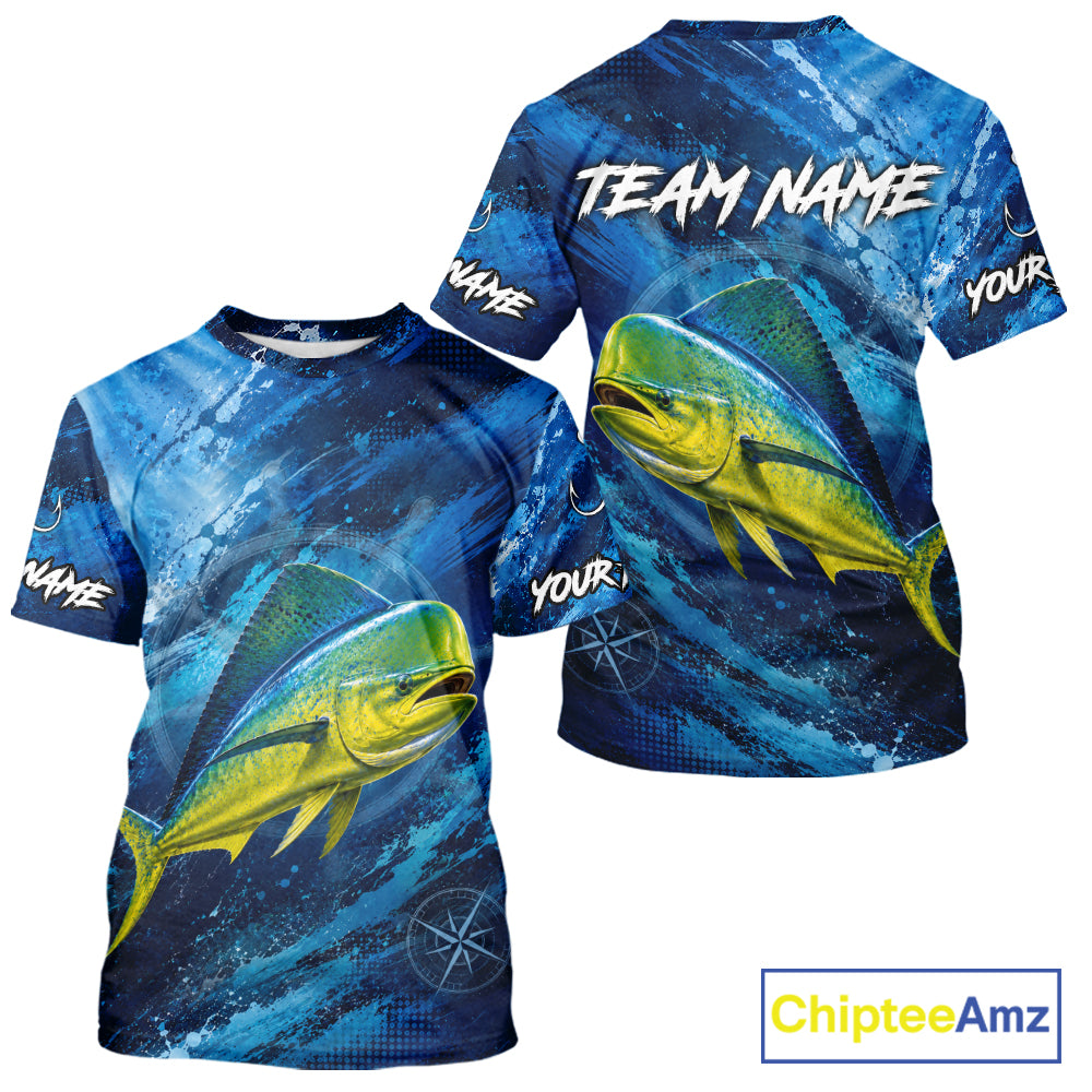 Back view of custom mahi mahi fishing shirt made from breathable polyester with UPF 30+ sun protection.