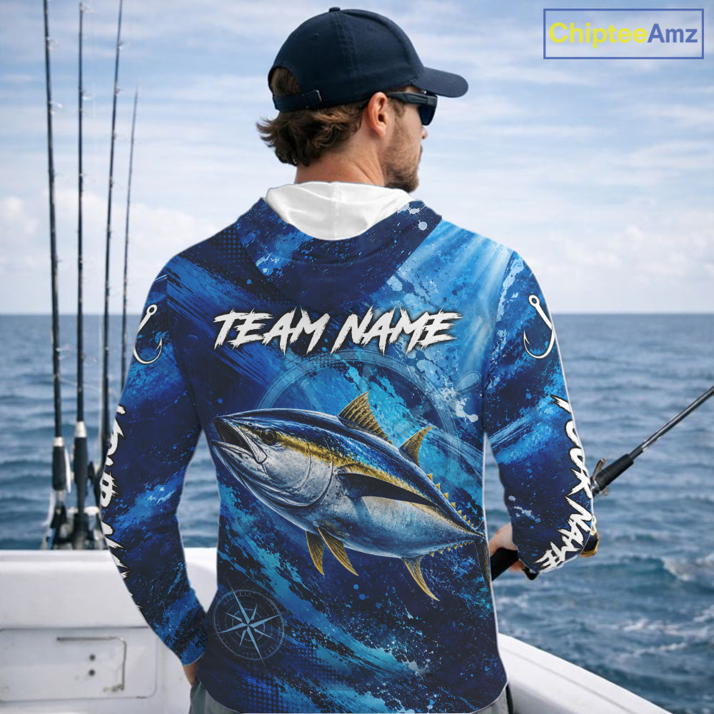 Custom Tuna Fishing Jersey, Personalized Long Sleeve Hooded Performance Fishing Shirt NHT1222