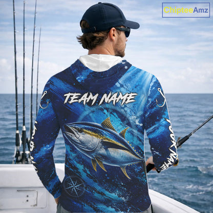 Custom Tuna Fishing Jersey, Personalized Long Sleeve Hooded Performance Fishing Shirt NHT1222