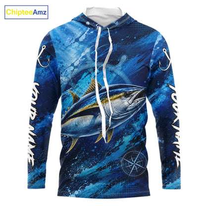Custom Tuna Fishing Jersey long sleeve hooded shirt with bold tuna graphic and performance fit.