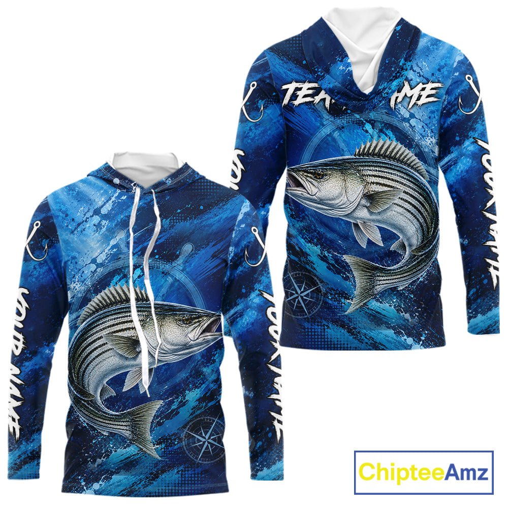 Back view of custom striped bass hooded fishing shirt made from lightweight polyester with UPF 30+ sun protection.
