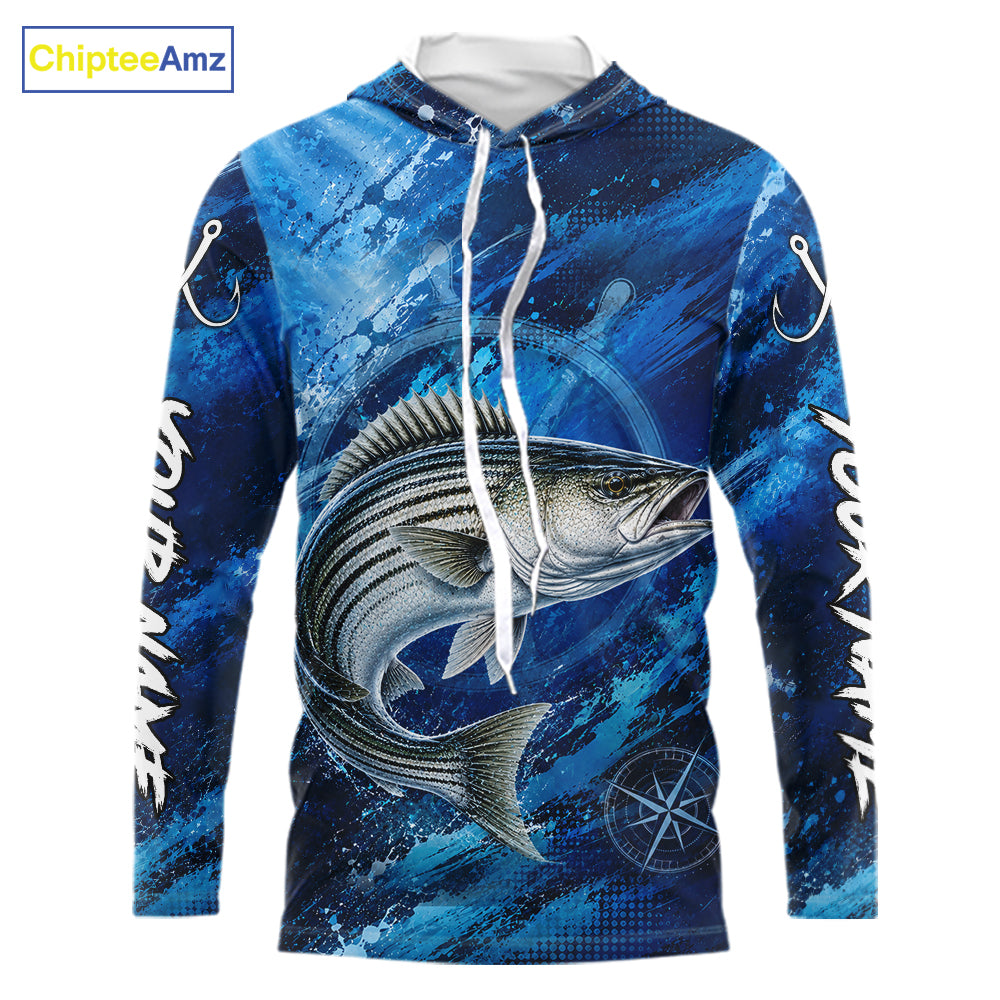 Custom Striped Bass Fishing Jersey long sleeve hooded shirt with striped bass graphic and performance fit.