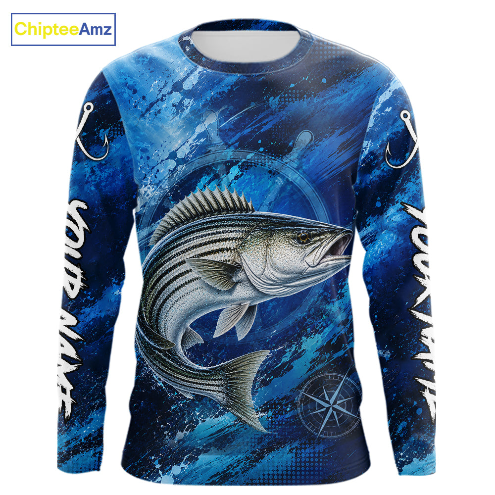 Custom Striped Bass Fishing Jersey long sleeve with striped bass graphic and performance fit.