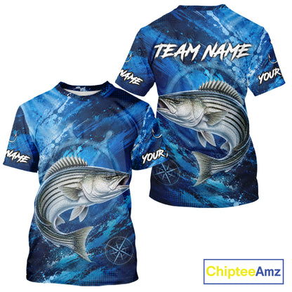 Back view of custom striped bass fishing shirt made from breathable polyester with UPF 30+ sun protection.