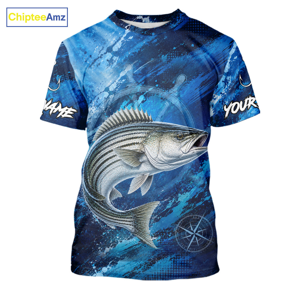 Custom Striped Bass Fishing Jersey with striped bass graphic and short sleeve performance fit.