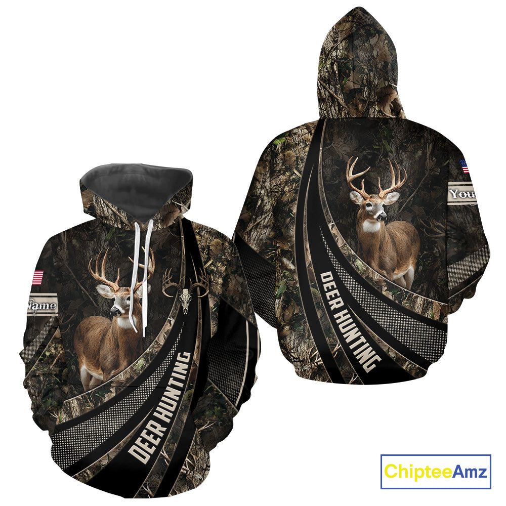 Whitetail Deer Hunting Shirt Camouflage US Flag, Deer Hunter Custom Name, Hunting Gift NHT123