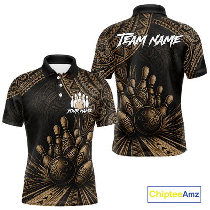 A black short-sleeve polo shirt with a gold tribal-inspired bowling graphic, shown from both front and back. The front features a bowling pin and ball design with the text 'YOUR NAME', and the back has a large bowling hand and ball graphic with 'TEAM NAME' across the shoulders.