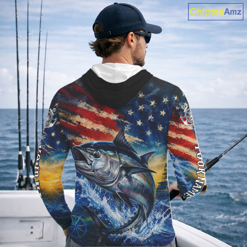 Tuna Fishing Shirt American Flag 3D All Over Print Long Sleeve Hooded Performance Apparel For Men NHT1089