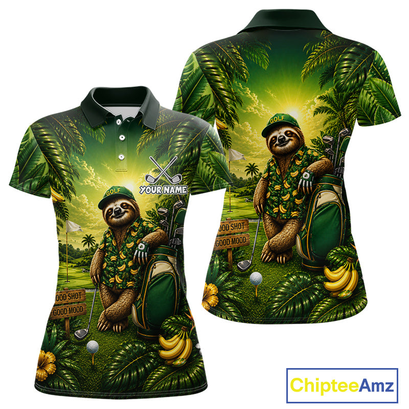 Custom Green Funny Sloth Tropical Womens Golf Polo Shirts, Golf Team Jersey For Women NHT927
