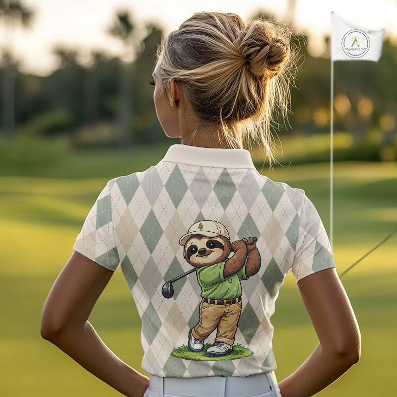 Personalized Sloth Golfer Polo Shirt Funny Golf Argyle Pattern Custom Name Golf Lover Gift for Womens 