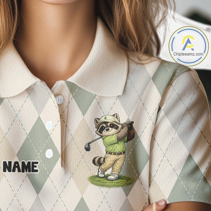 Personalized Raccoon Golfer Polo Shirt Funny Golf Argyle Pattern Custom Name Golf Lover Gift for Womens NHT1096