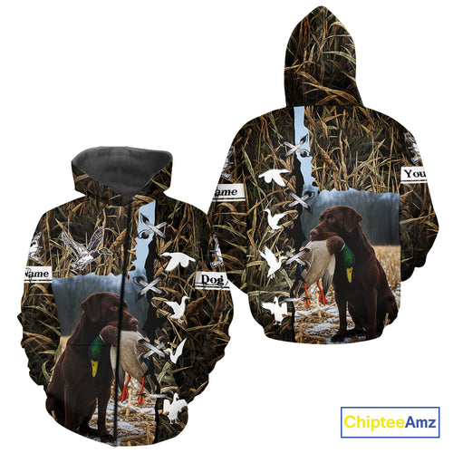 Brown Camo Duck Hunting With Chocolate Lab Dog 3D All Over Printed Shirts, Dog Hunting Clothes NHT143