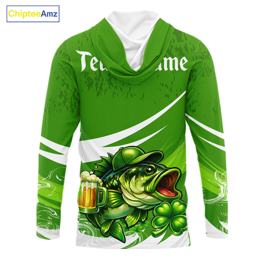 Custom St Patrick's Day Bass Long Sleeve Hooded Fishing Shirts, Bass Fishing Jerseys NHT422