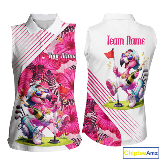 Custom Flamingo Funny Womens Sleeveless Golf Polo Shirt – Personalized Tropical Flower Design NHT595