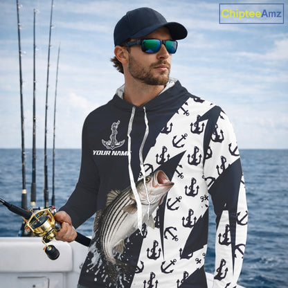 Personalized Striped Bass Hooded  Fishing Shirts Long Sleeve With Pattern Anchor, Fishing Shirt Jersey NHT611