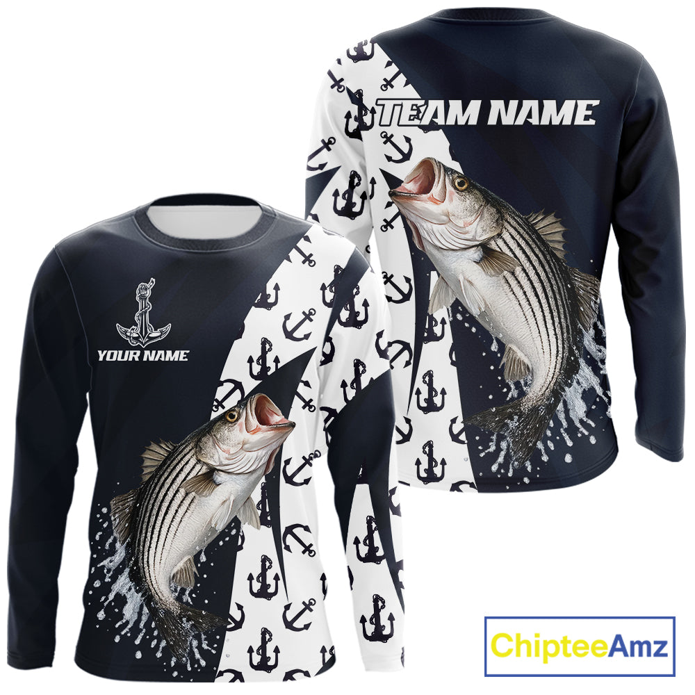 Personalized Striped Bass Fishing Shirts Long Sleeve With Pattern Anchor, Fishing Shirt Jersey NHT611