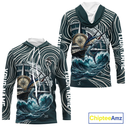 Marlin Fishing Hooded  Long Sleeve Shirt Ocean Wave Compass Design, UV Protection Performance Fishing Apparel NHT613