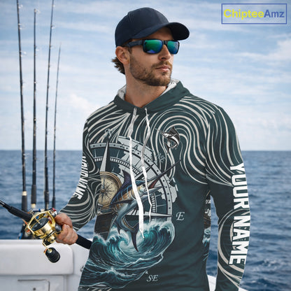 Marlin Fishing Hooded  Long Sleeve Shirt Ocean Wave Compass Design, UV Protection Performance Fishing Apparel NHT613