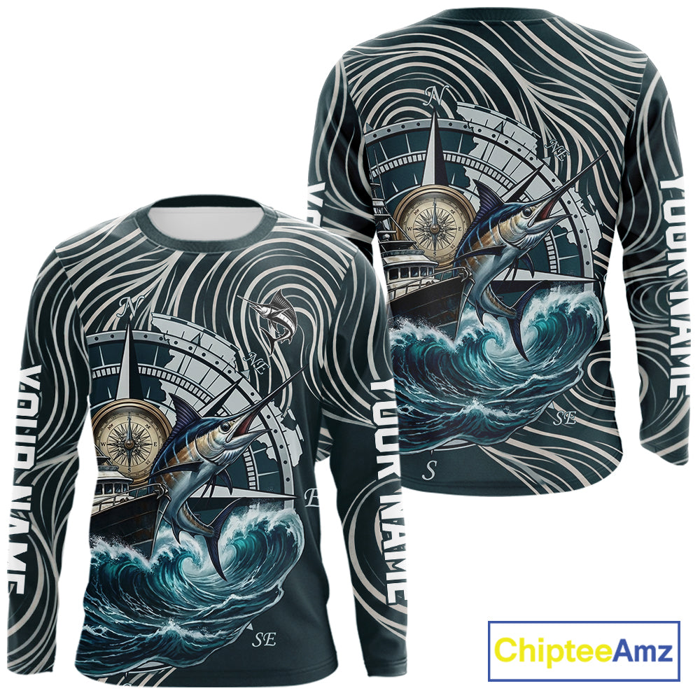 Marlin Fishing Long Sleeve Shirt Ocean Wave Compass Design, UV Protection Performance Fishing Apparel NHT613