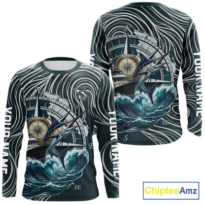 Marlin Fishing Long Sleeve Shirt Ocean Wave Compass Design, UV Protection Performance Fishing Apparel NHT613
