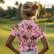 Load image into Gallery viewer, Personalized Women’s Western Polo Shirt Retro Pink Cowgirl Cartoon Pattern Custom Name