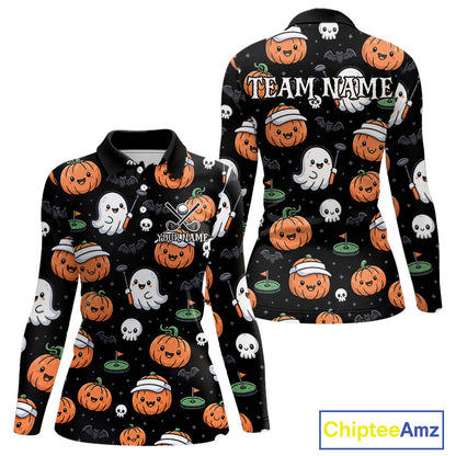 A women's long-sleeve polo shirt shown from the front and back on a white background. The shirt has a black base with an all-over Halloween print featuring orange pumpkins, white ghosts, skulls, bats, and green golf balls on a golf green.