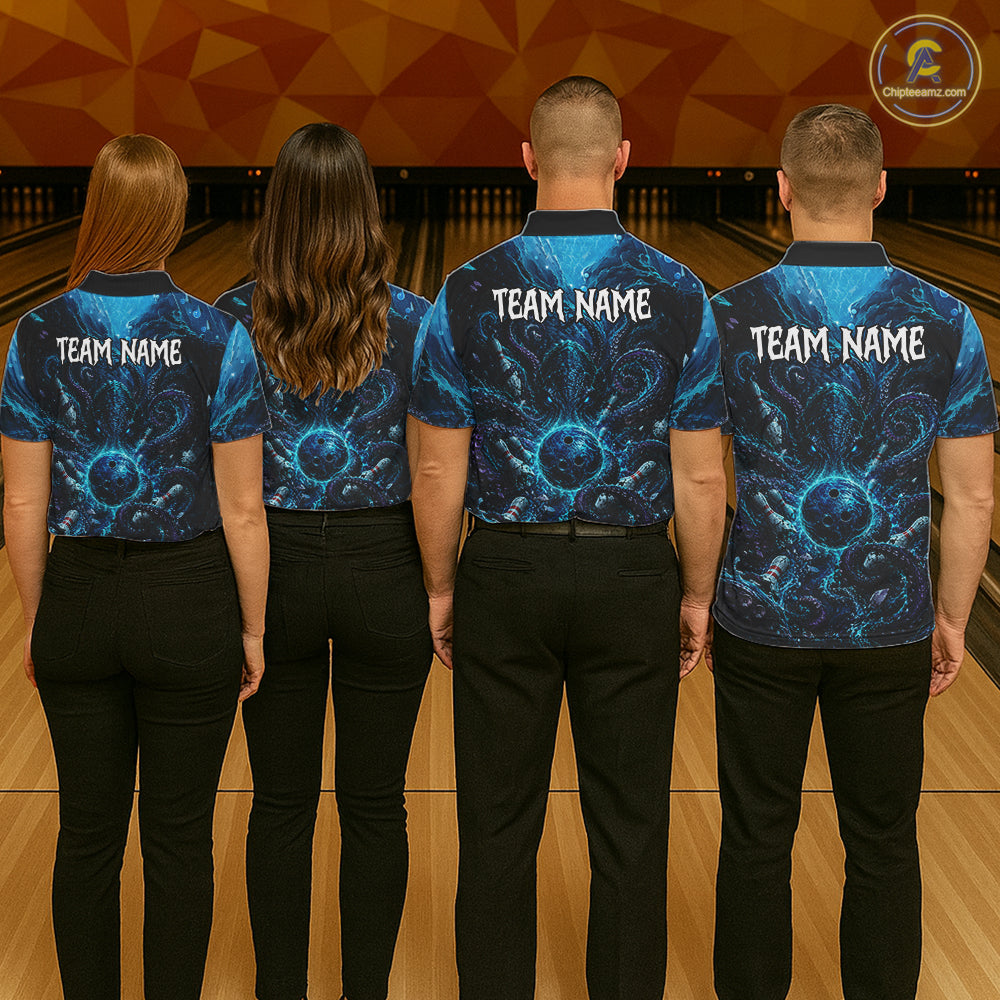 Custom Blue Kraken Bowling Jersey For Womens Bowling Team Shirts Bowling League Polo & 1/4 Zip NHT1149