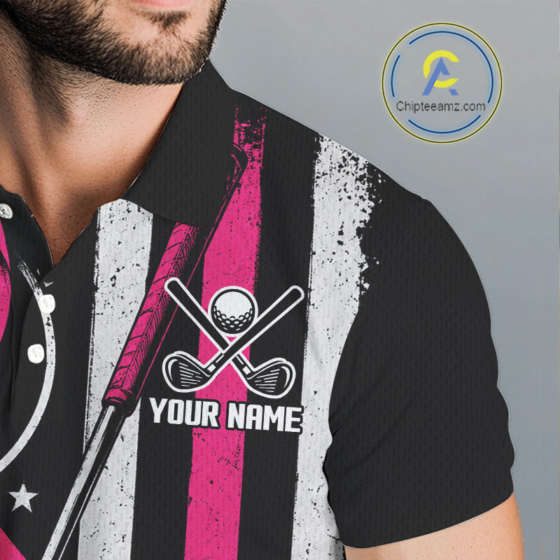 A close-up of a man wearing a black short-sleeve polo shirt with vertical pink and white stripes, a golf-themed chest graphic with crossed clubs and a golf ball, and the text 'YOUR NAME'. A circular 'Chipteeamz.