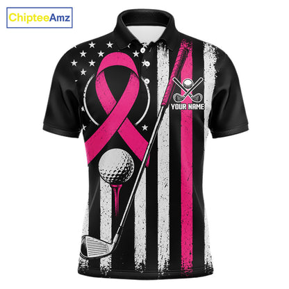 A black short-sleeve polo shirt with a distressed American flag design in black, white, and pink, featuring a large pink ribbon, a golf ball and club, and the text 'YOUR NAME'. The ChipteeAmz logo is visible in the top-left corner.