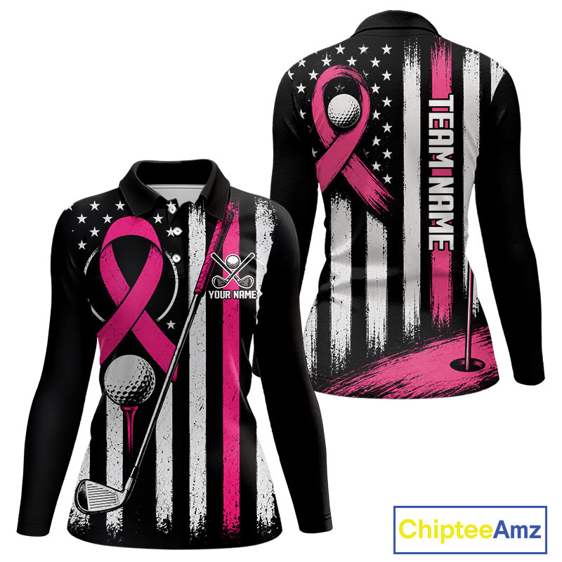 Front and back views of a long-sleeve polo shirt featuring a black, white, and pink American flag design with a pink breast cancer ribbon, golf ball, golf club, and 'TEAM NAME' text on a white background. A 'ChipteeAmz' logo is visible in the bottom right corner.