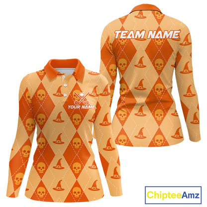 Front and back views of a long-sleeve polo shirt in orange and beige with a repeating skull and witch hat argyle pattern. The front has a collar, buttons, and placeholder text 'YOUR NAME' and 'TEAM NAME' on the back and chest.