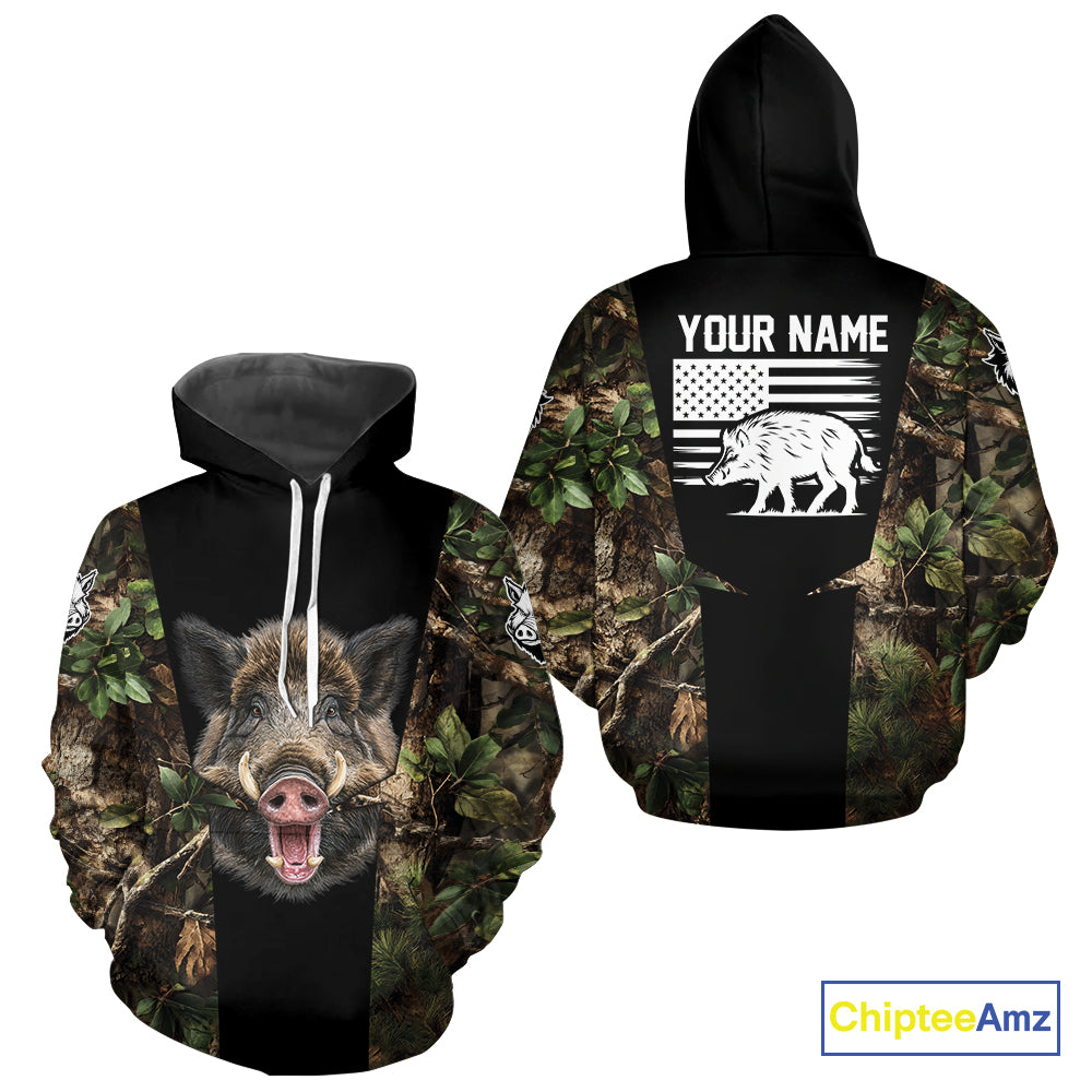 Custom Wild Boar Hunting 3D Shirt Black and Forest Camo with US Flag, Boar Hunting Gifts NHT181