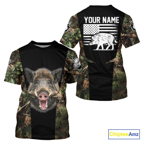Custom Wild Boar Hunting 3D Shirt Black and Forest Camo with US Flag, Boar Hunting Gifts NHT181
