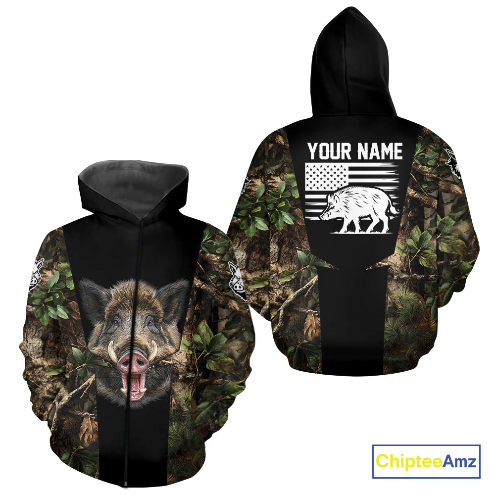 Custom Wild Boar Hunting 3D Shirt Black and Forest Camo with US Flag, Boar Hunting Gifts NHT181