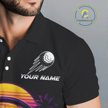 Load image into Gallery viewer, Black polo shirt with golf ball design and customizable text on a gray background