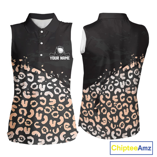 Custom Name Leopard Print Sleeveless Women Polo Shirt – Stylish Animal Print Golf Polo For Womens NHT855