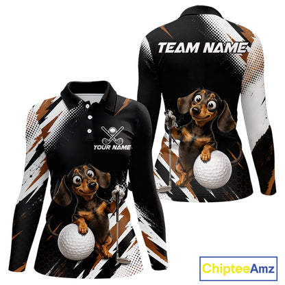 Front and back views of a long-sleeve custom golf shirt on a white background. The shirt features a black base with brown and white brushstroke patterns, a cartoon dachshund holding a golf ball and club, and customizable text areas on the chest and back.