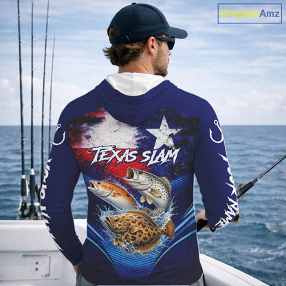 Texas Slam Redfish, Trout, Flounder Custom Fishing Shirts Long Sleeve Hooded, Texas Flag Fishing Shirt NHT505