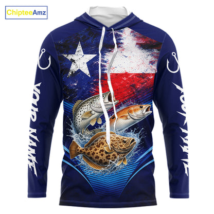 Texas Slam Redfish, Trout, Flounder Custom Fishing Shirts Long Sleeve Hooded, Texas Flag Fishing Shirt NHT505