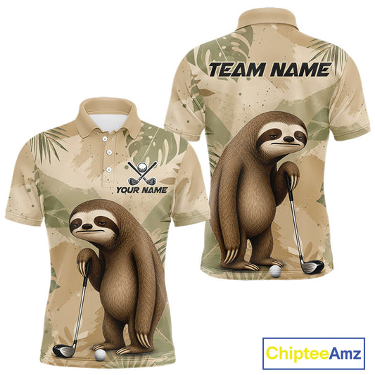 Front and back views of a short-sleeve polo shirt featuring a cartoon sloth holding a golf club on a desert palm-patterned background. The front shows a chest graphic with a skull-and-crossbones and the text 'YOUR NAME', while the back shows 'TEAM NAME' above the sloth.