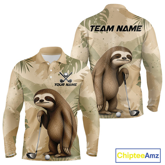 Front and back views of a long-sleeve polo shirt with a beige and green tropical camouflage pattern, featuring a printed sloth holding a golf club. The front has a polo collar, button placket, and customizable text/logo area.
